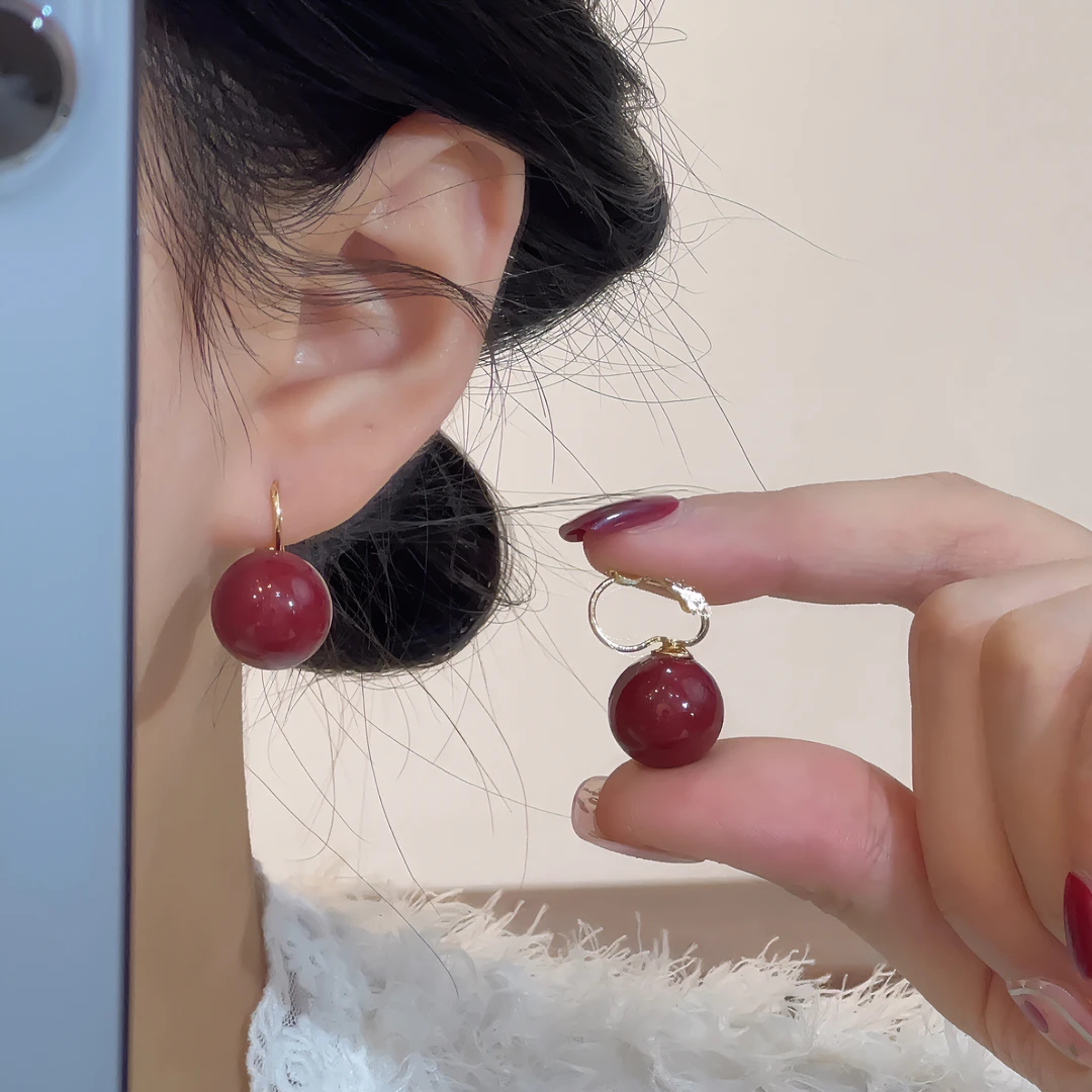 铜合金耳饰 【恰度】气质百搭红色珠珠耳环0609