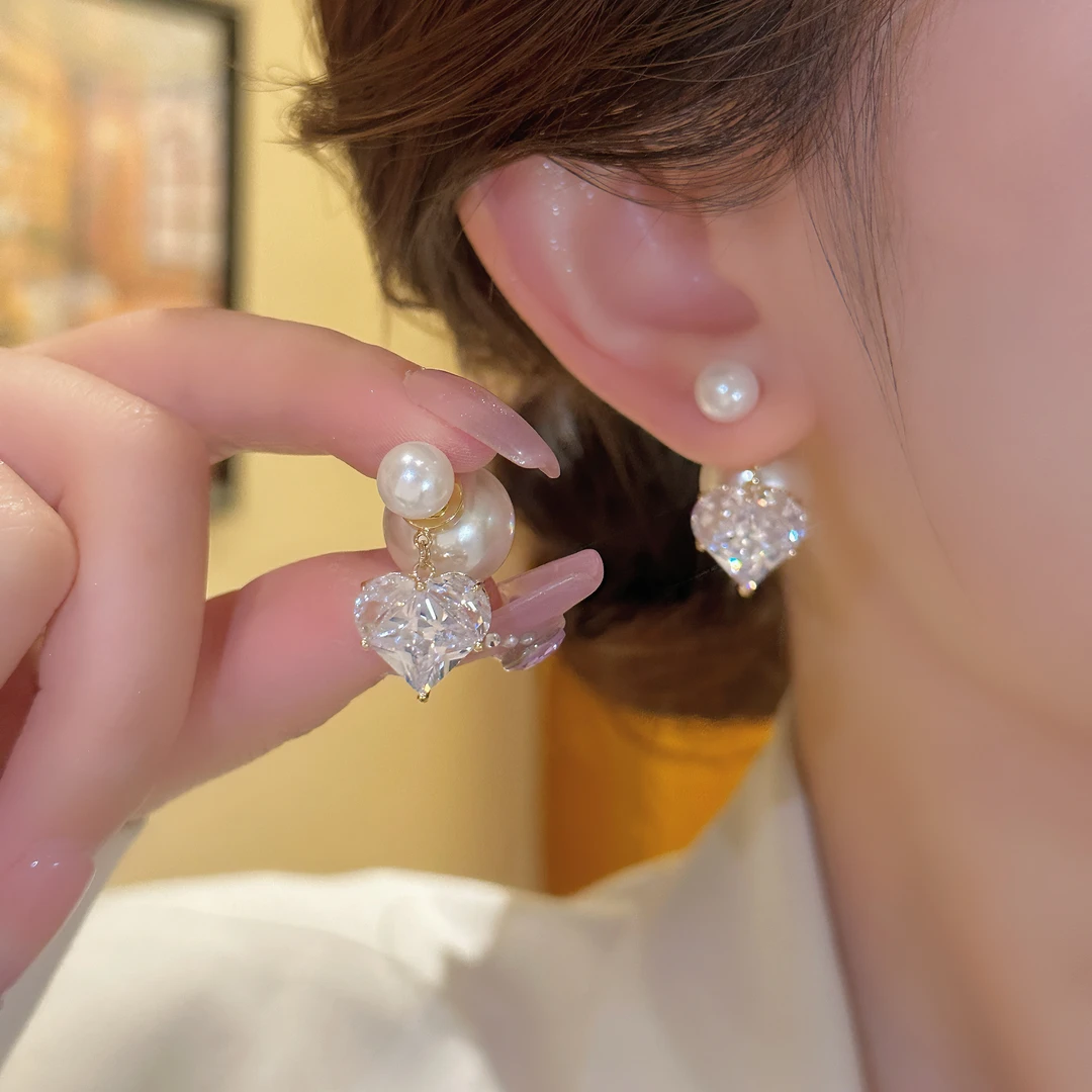 铜合金合成锆石耳饰 精致一款两戴珠珠爱心吊坠耳钉A299