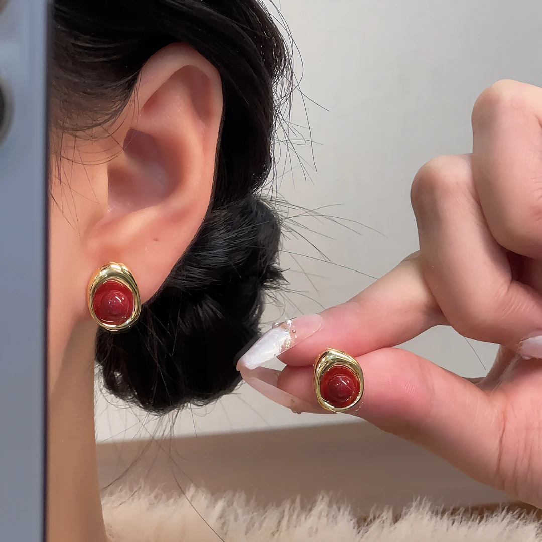 铜合金耳饰 【恰度】几何红色珠珠耳钉