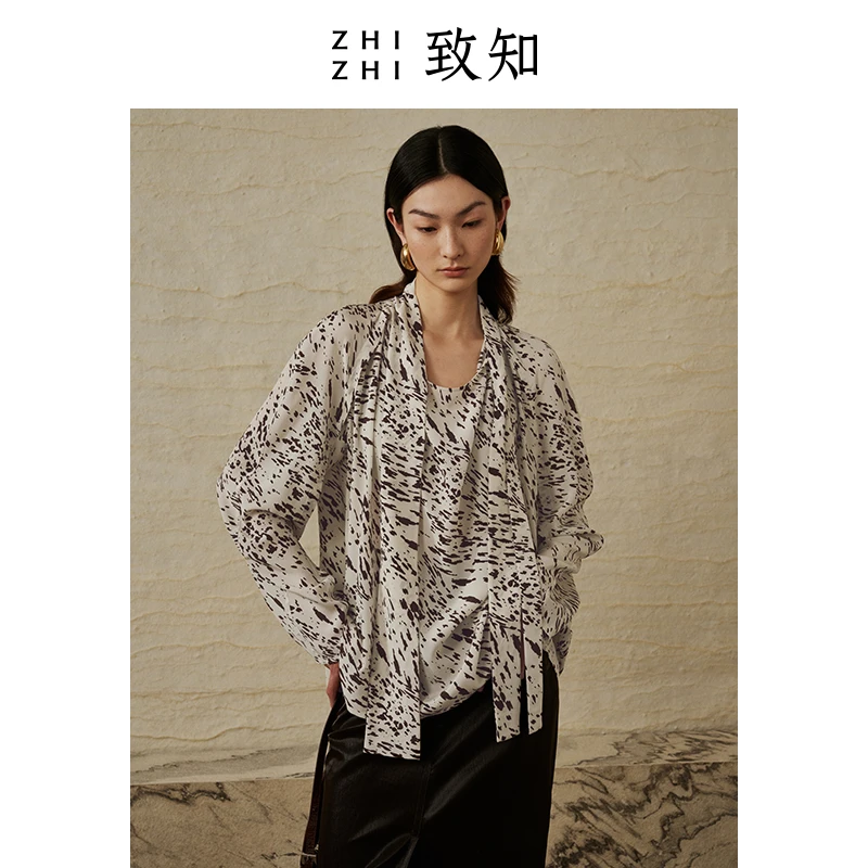 致知 乌夜啼 连肩飘带衬衫2024秋季高级设计宽松印花ZZ2CAWC2022