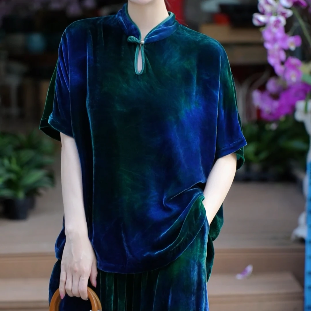 【瓶瓶•新款】“流光”国风桑蚕丝上衣扎染短袖女士气质款ZQ232710