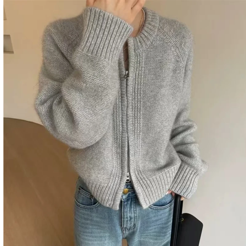 【浣熊版】韩系圆领长袖双头拉链柔软浣熊绒针织开衫百搭外套女毛衣