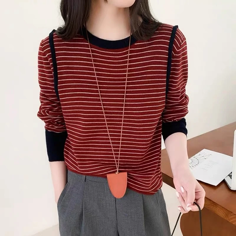 【超细绵羊毛】欧洲站品质秋装圆领撞色细条纹羊毛衫针织衫上衣女