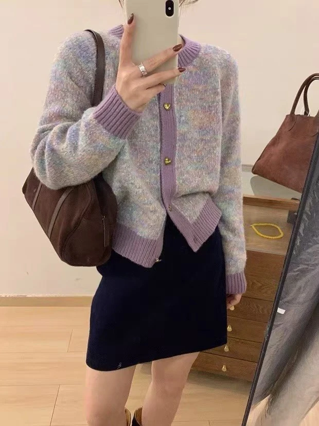 【佳伦专属】欧货女装春秋新款花纱保暖爱心扣毛衣开衫女士外套上衣