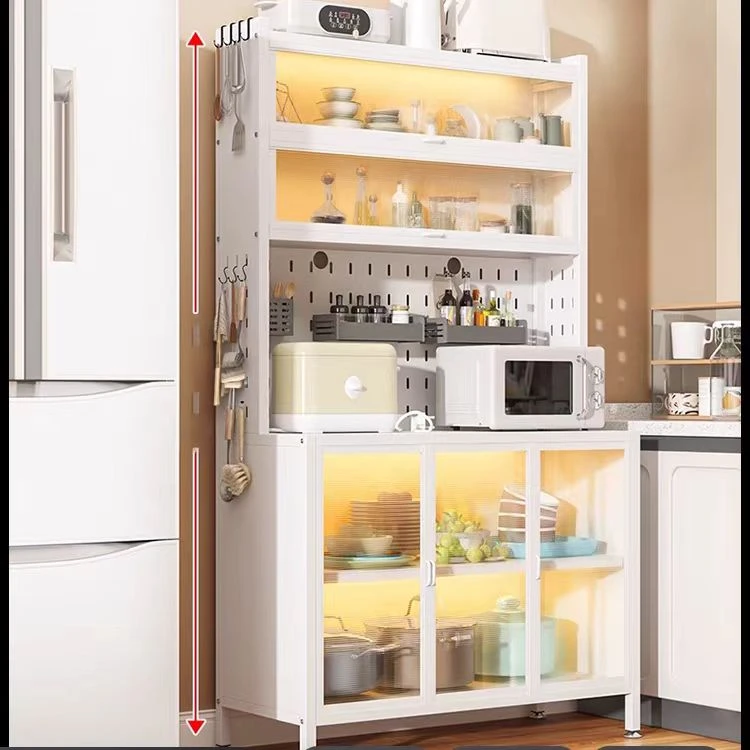 带岩板双开门餐边柜碳钢操作台茶吧台电烤箱收纳多层可移动收纳柜