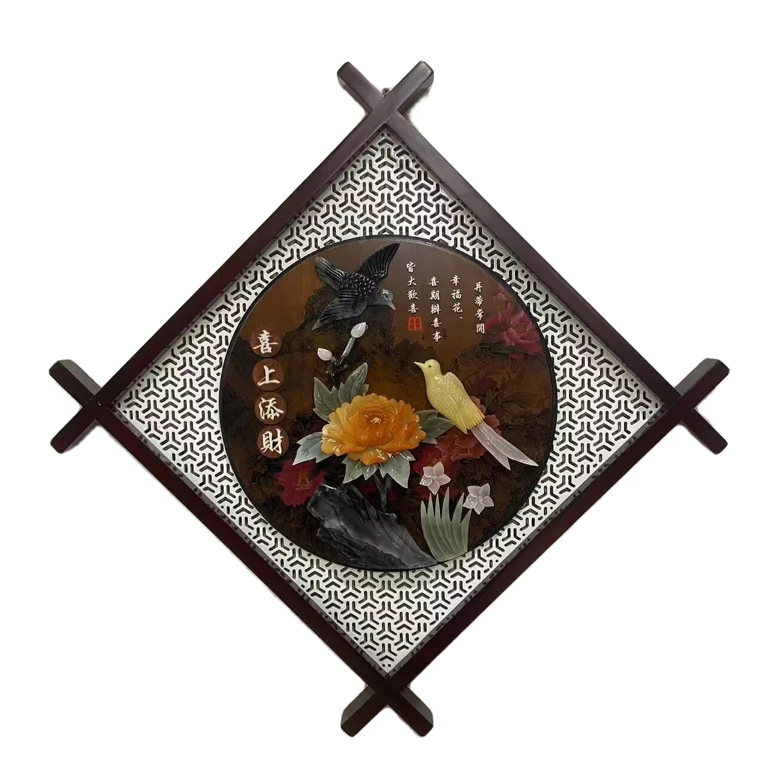 实木加厚井字框架天然玉雕纯手工雕刻玄关客厅办公居家挂画