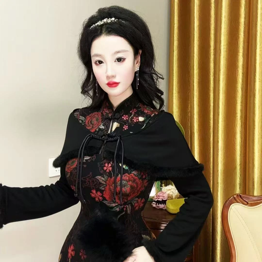 唯艳【君曼禄】原创加绒春款假两件气质改良旗袍中式复古收腰连衣裙