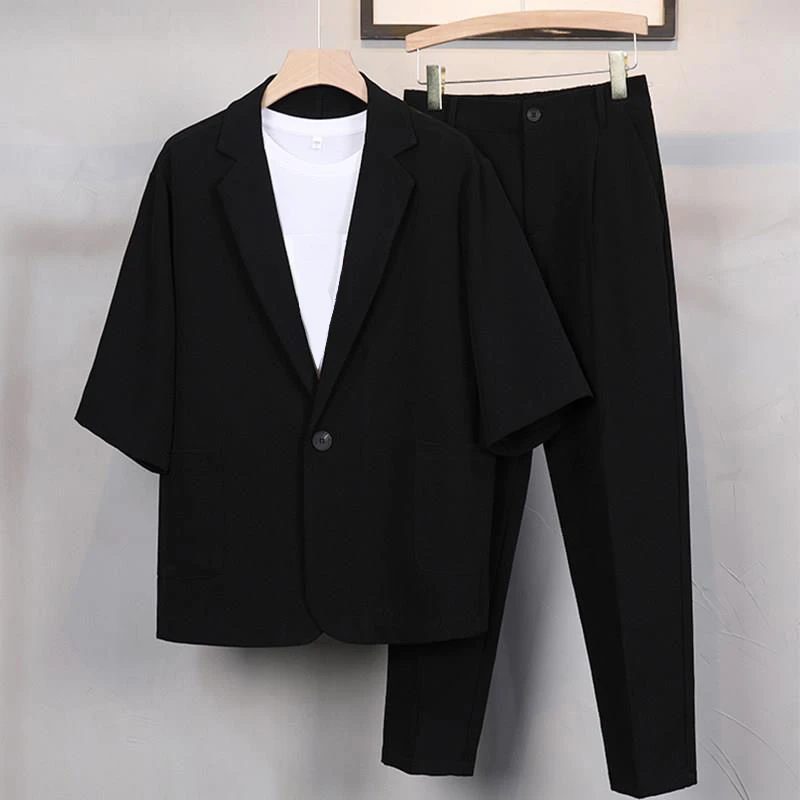 短袖小西装男夏季休闲七分袖外套韩版潮流半袖中袖西服套装一整套