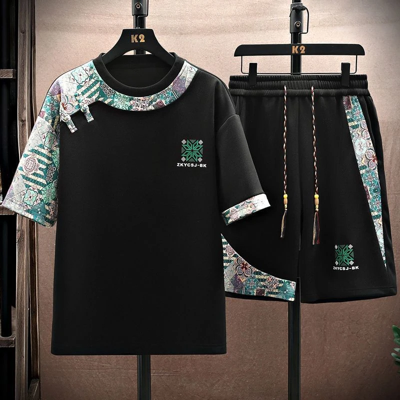 新中式国风短袖t恤男夏季休闲运动套装男青少年一套搭配帅气学生