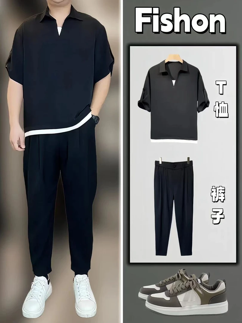 【两件套】夏季男士大码条纹短袖西裤套装胖子男装男生宽松上衣