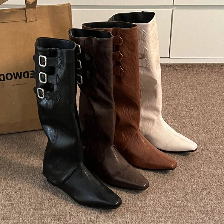 内增高尖头可拆卸长筒西部靴女鞋2024新款春秋美拉德棕色骑士靴子