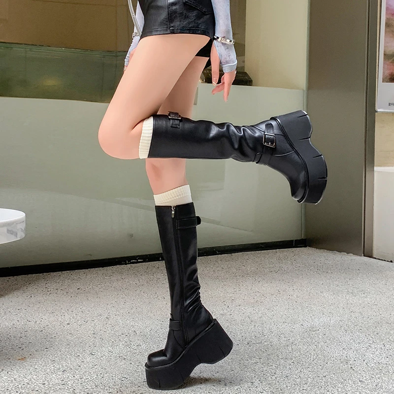 百搭黑色高筒靴小个子增高厚底长靴女超高跟长筒靴辣妹弹力瘦瘦靴