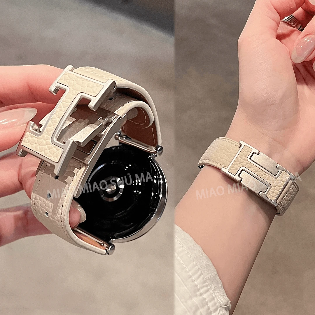 新款荔枝纹真皮H型磁吸扣表带适用华为手表watch43proGT4gt53Fit3