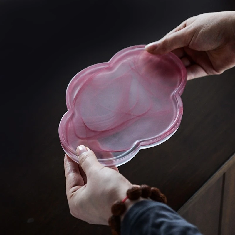 日式琉璃壶承磨砂纯手工海棠干泡台粉色泼墨禅意托盘茶具茶道用具