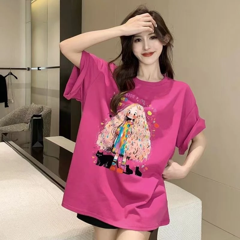 卡通女孩t恤美式夏季小众宽松印花ins设计感休闲百搭炸街圆领