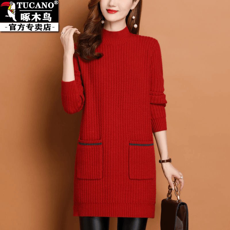 啄木鸟正品羊毛衫中长款大码羊绒毛衣女秋冬外穿洋气针织打底衫潮