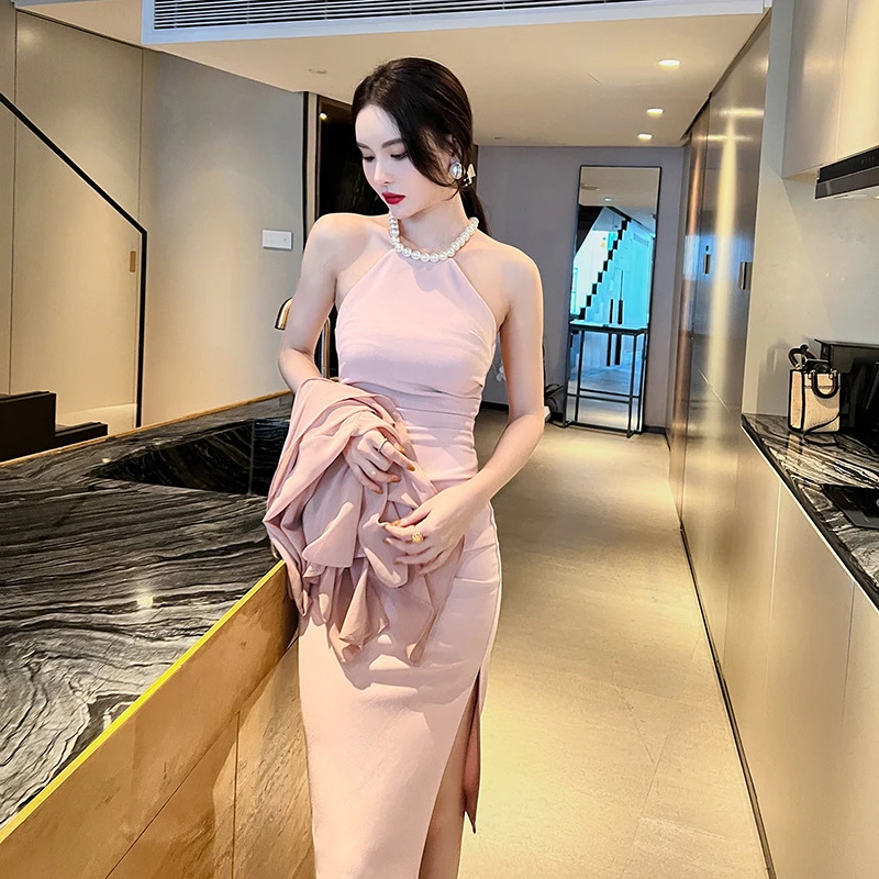 夏季新款女装名媛气质性感挂脖露肩修身连衣裙礼服裙子5747