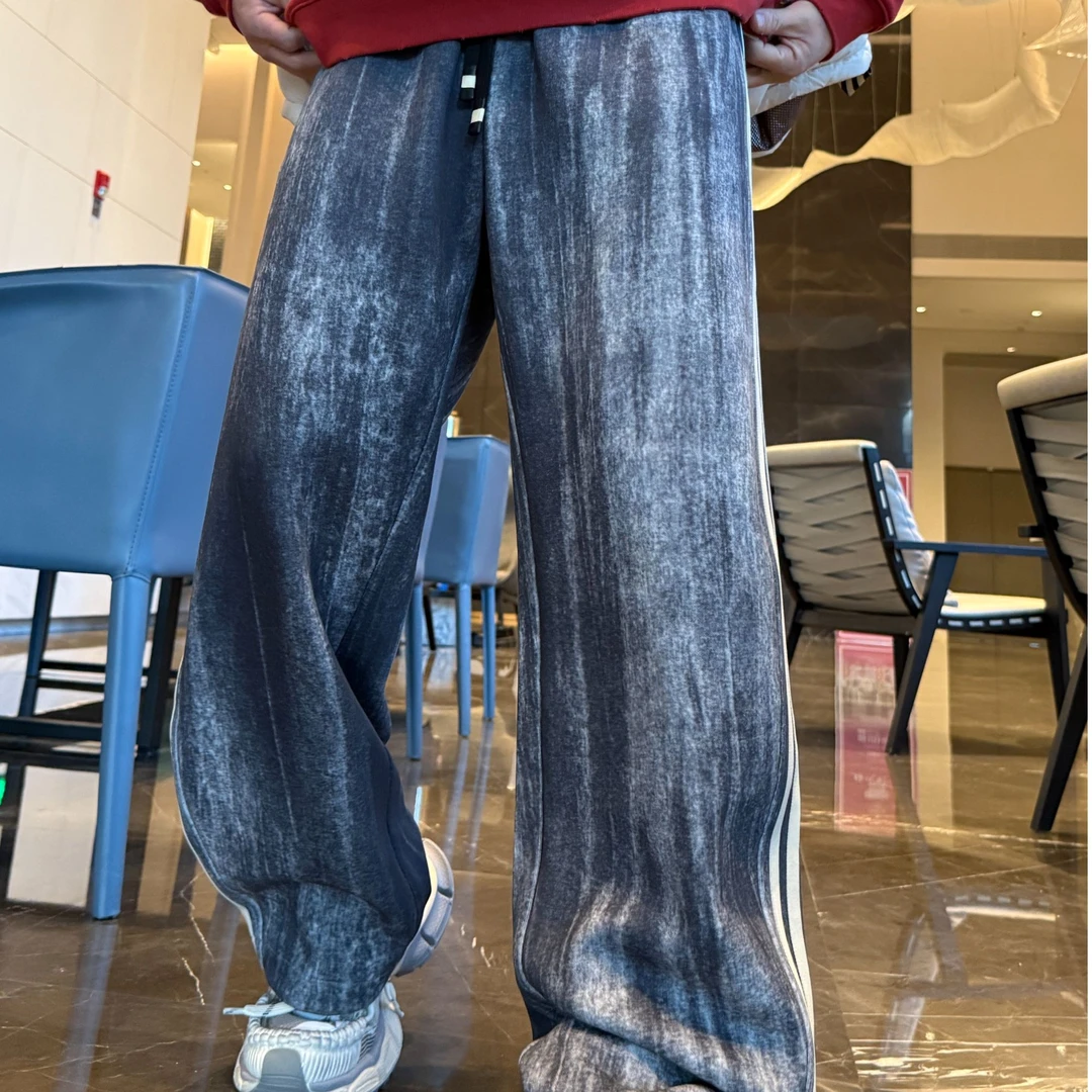 金先生扎染竖纹侧边三条杠撞色加绒直筒抽绳时尚百搭休闲裤