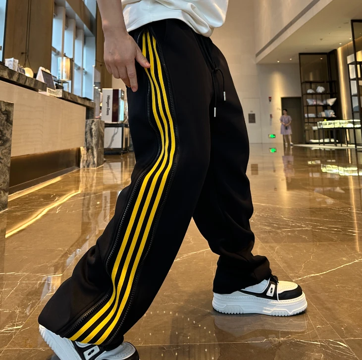 金先生秋冬新款侧边条纹双拉链设计宽松抽绳松紧腰休闲运动裤
