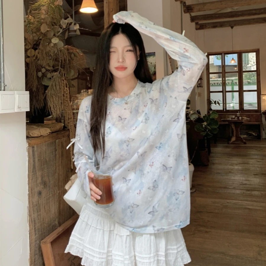 蝴蝶印花长袖碎花T恤女2024夏季宽松防晒衣休闲国风小众显瘦上衣