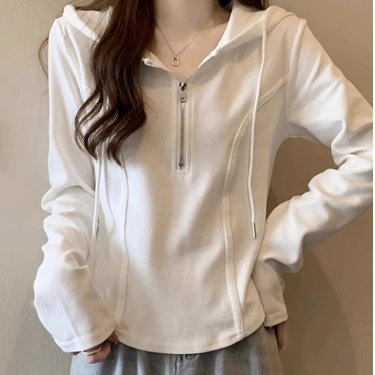 2024春秋装新款修身内搭短款白色连帽卫衣女打底衫早春季帽衫上衣