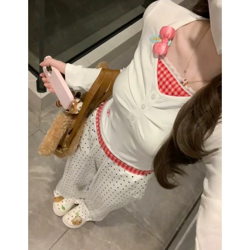 假两件蕾丝花边格子打底衫长袖t恤女春秋季新款修身显瘦短款上衣