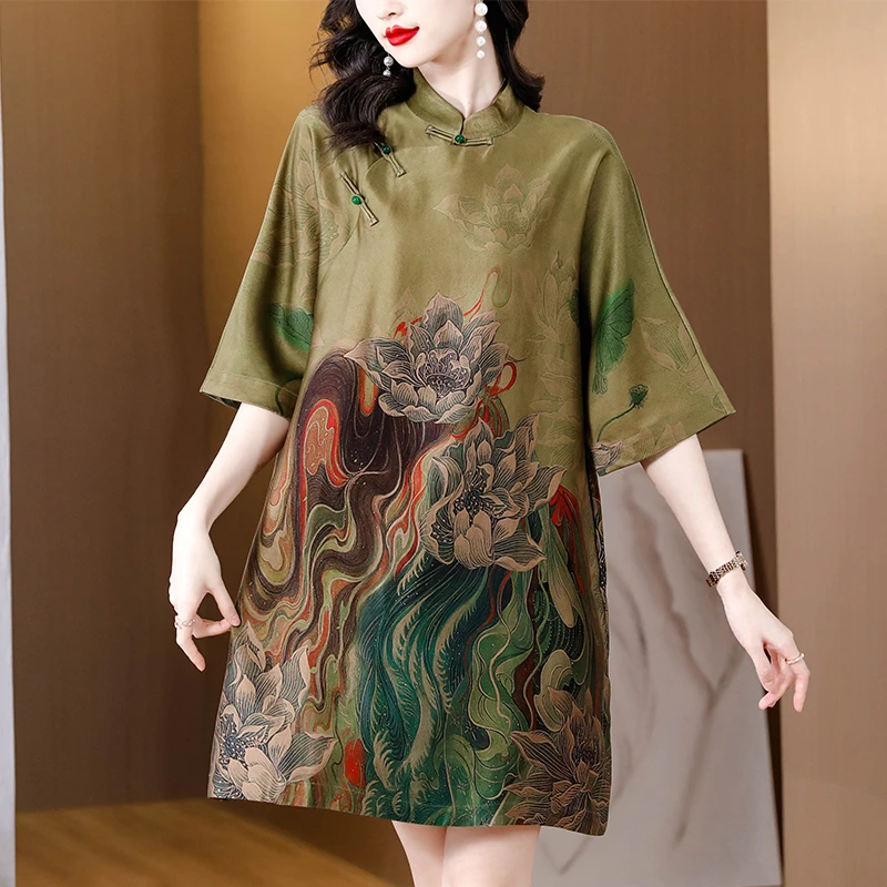 1260#阔太太复古重缎宽松复古大码连衣裙女中式改良旗袍中长款