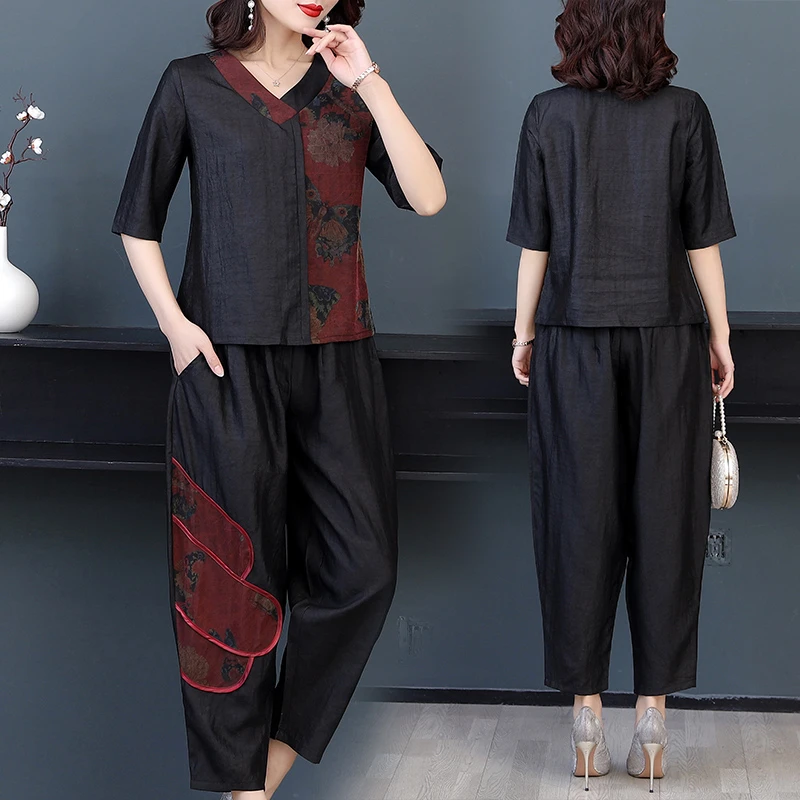 9610#夏季新款高端气质复古印花拼接短袖妈妈时尚大码宽松两件套