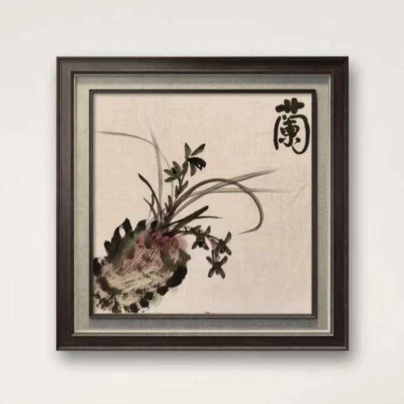 茶室书房兰花正方34X34厘米展览框装裱纯手绘礼品发货国画