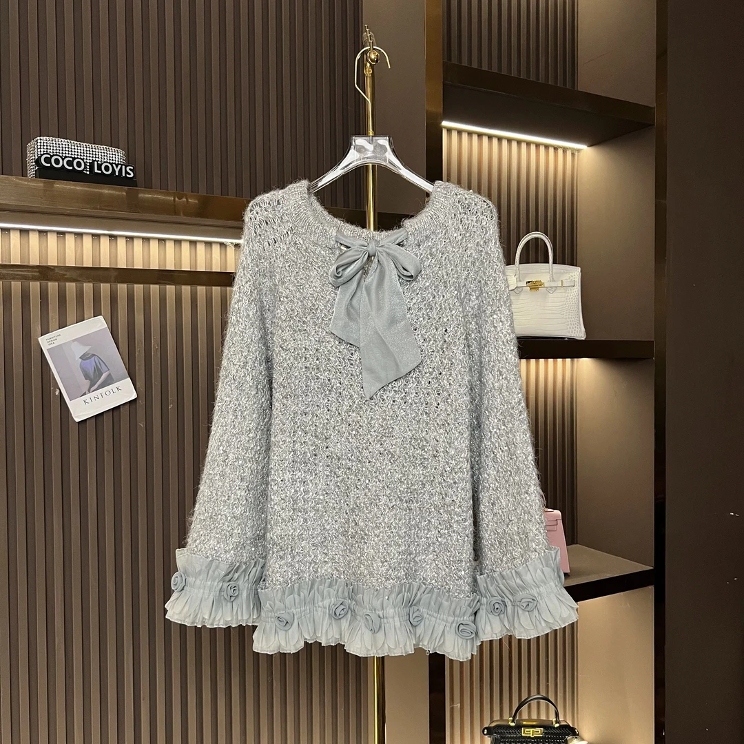 【Loyis113】宽松版型珠片绣休闲风蝴蝶结蕾丝边拼接毛衣2411061