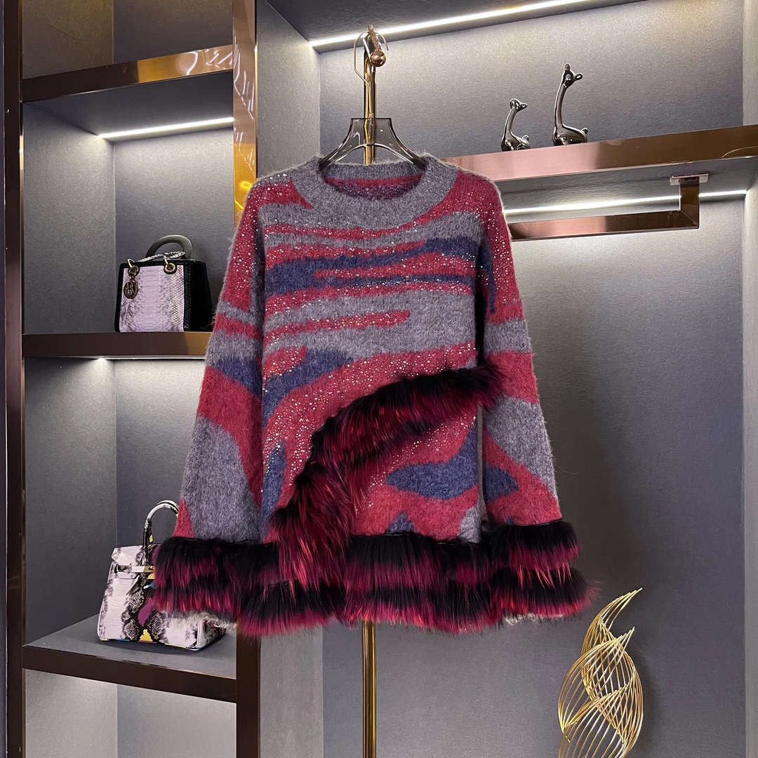 【米娜专属】 复古撞色亮闪闪慵懒风毛衣女氛围感针织上衣2410040