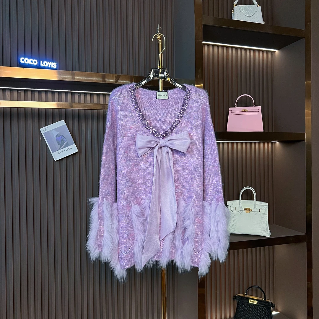 【米娜专属】紫色学院风重工钉珠毛领拼接气质百搭套头毛衣2411194