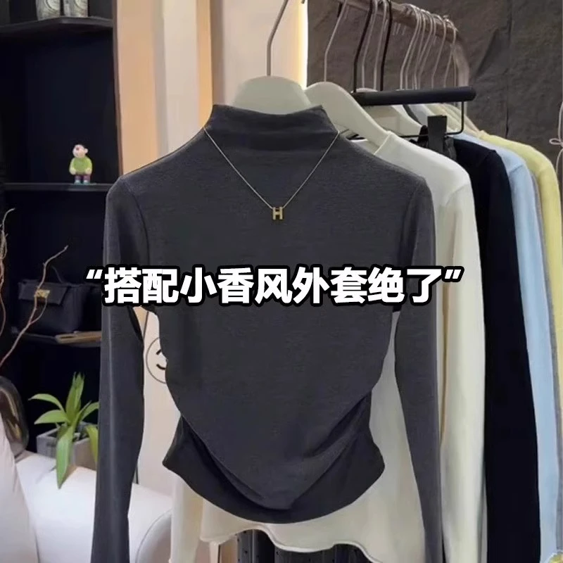 灰色半高领打底衫女春秋2025新款收腰加绒磨毛保暖小香风内搭上衣
