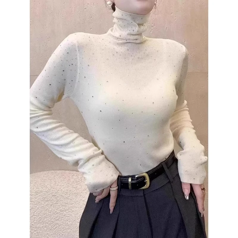 高领毛针织衫女春秋季2025年新款韩系烫钻显瘦洋气内搭打底衫上衣