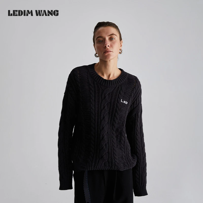 ledim wang撞色刺绣麻花套头保暖百搭毛衣女2024冬季新款软糯舒适