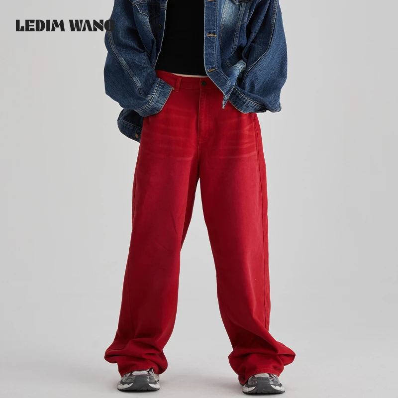 ledim wang复古爵士红直筒休闲宽松高级感牛仔裤女2024新款长裤