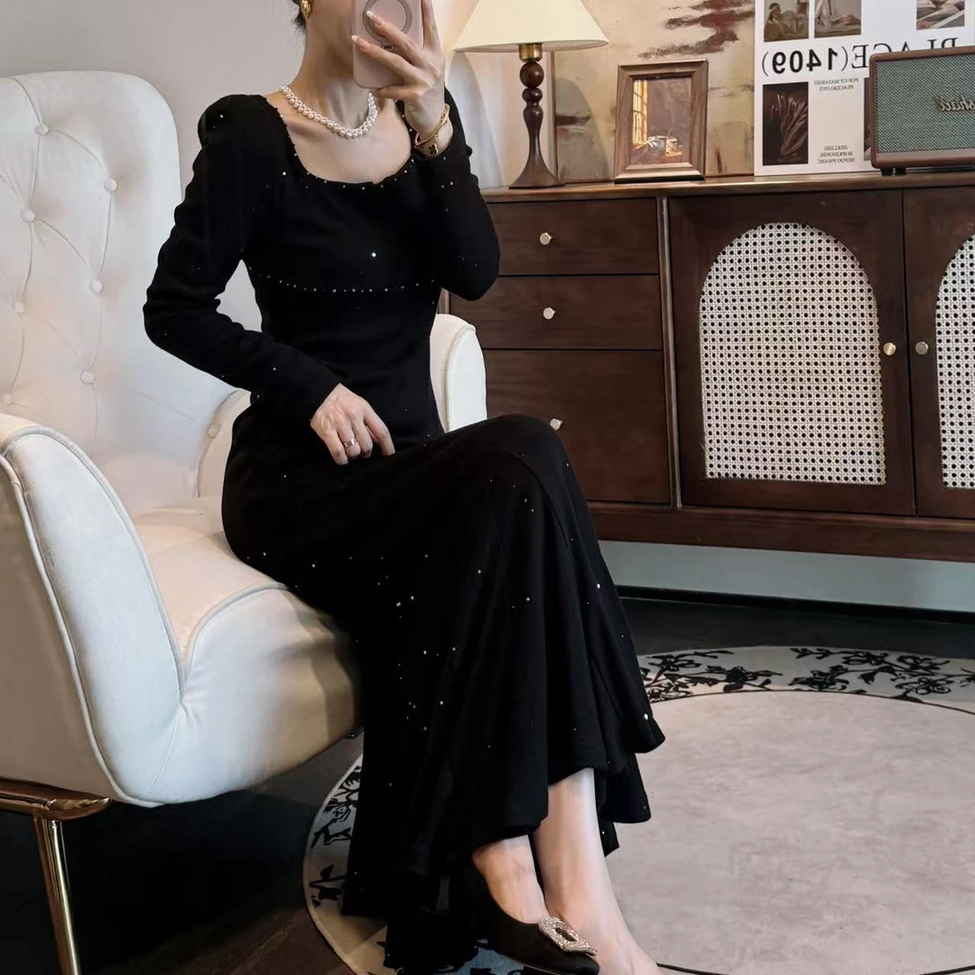 C226满天星 春季新款轻奢方领长袖鱼尾星空显瘦连衣裙