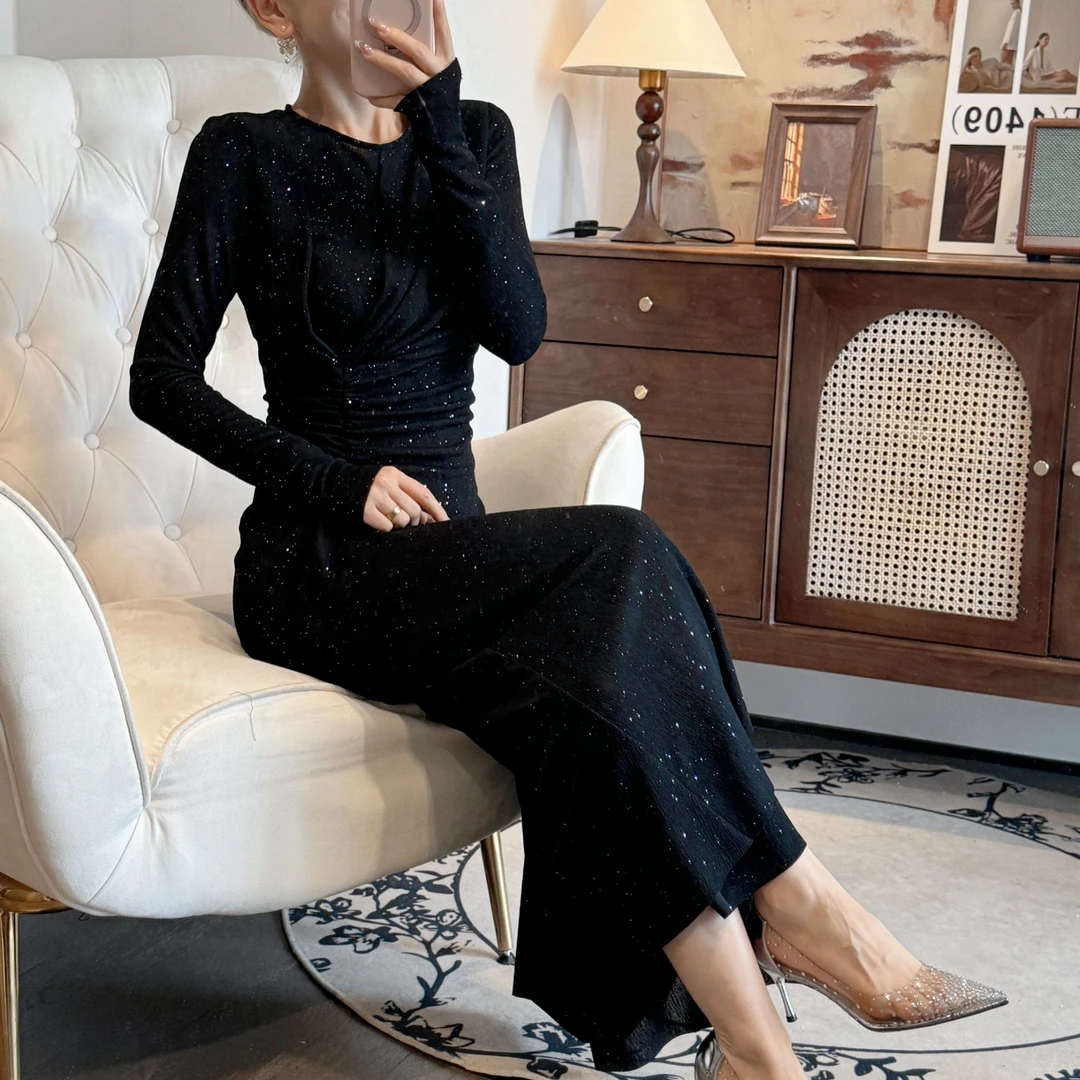 C277冬季新款轻奢长袖鱼尾星空显瘦连衣裙ZJ