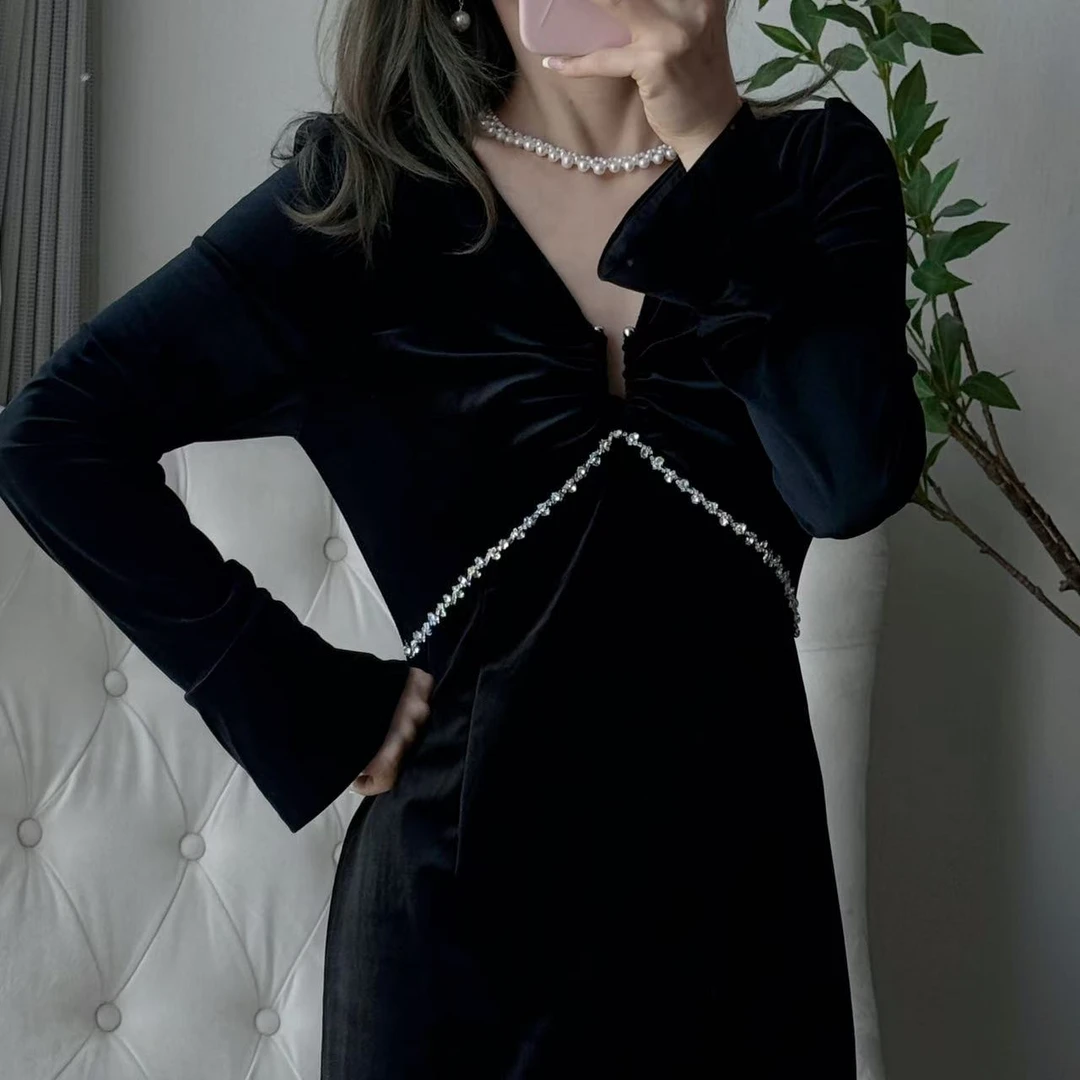 【董董】C207 记得 丝绒显瘦重工气质复古显瘦长袖长裙