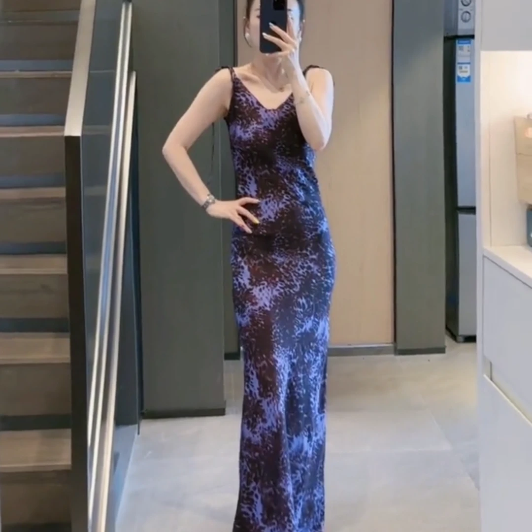 B0465海芋恋 长款显瘦气质夏季复古法式印花吊带裙QC