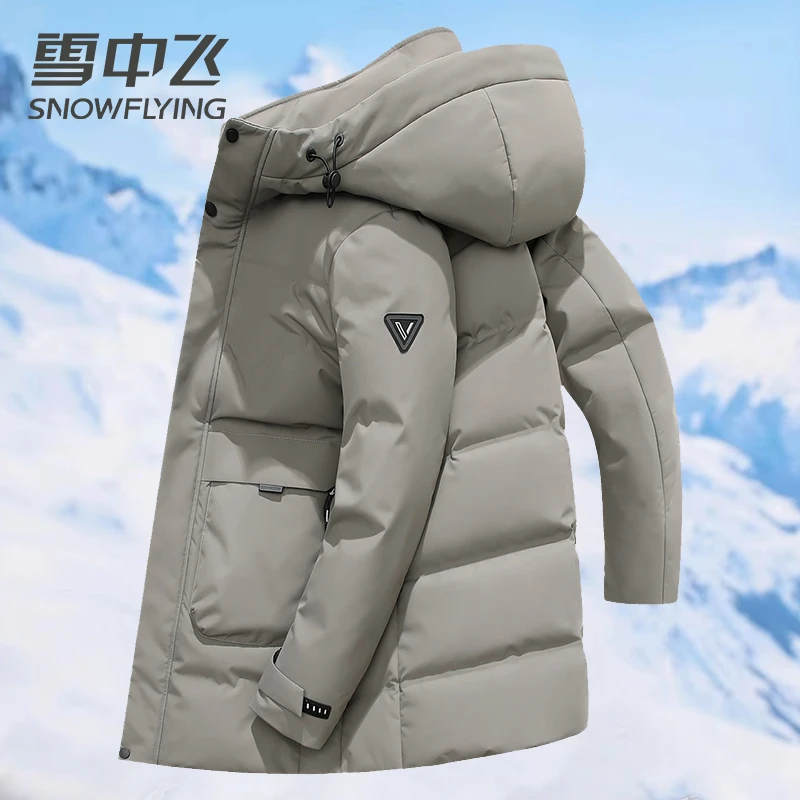 雪中飞羽绒服男中长款连帽秋冬季舒适保暖加厚男时尚外套休闲潮流