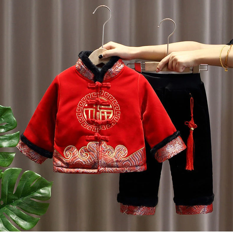 不童样拜年服男宝宝儿童唐装加绒加厚保暖新年装百天周岁冬季套装