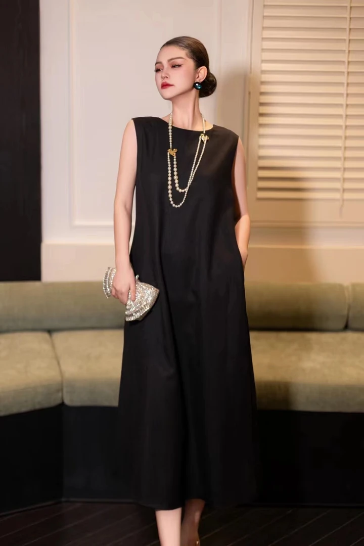 2024年夏季南油女装新款时尚气质圆领醋酸麻纯色复古无袖连衣裙