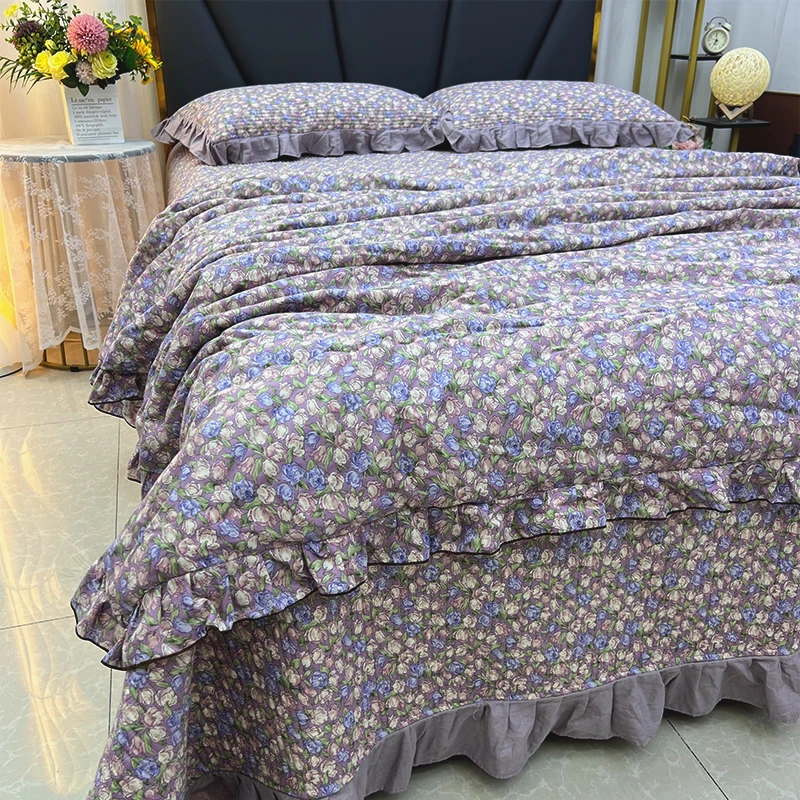 纯棉有氧双层纱夏凉被韩版荷叶边小清新加厚夹棉绗缝床盖