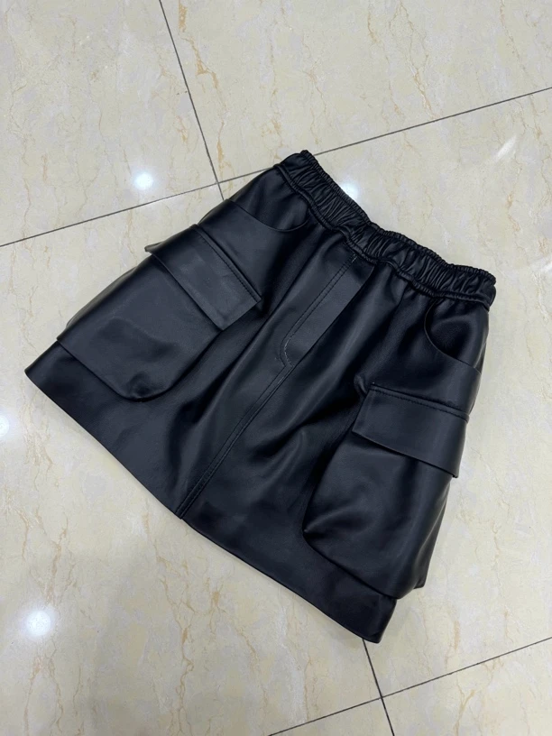 欧货秋新款爆款真皮休闲松紧高腰工装短裙女绵羊皮大口袋A字短裙