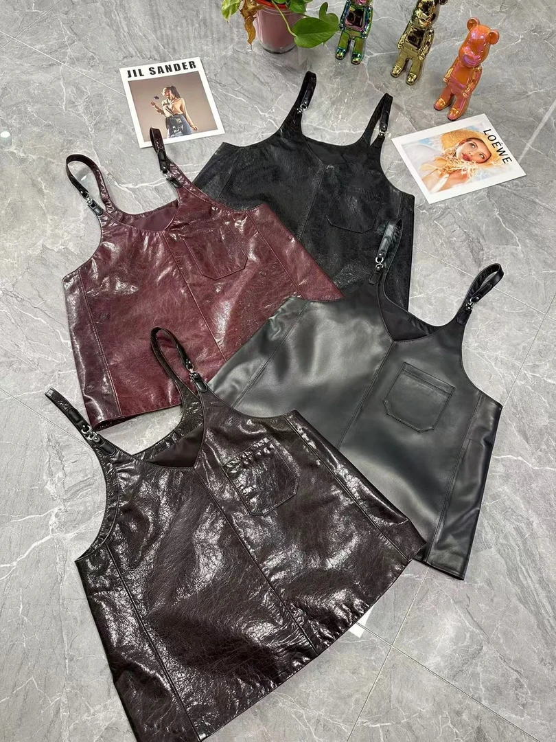 欧货2025春新款真皮连衣裙女绵羊皮宽松背带裙显瘦减龄马甲吊带裙