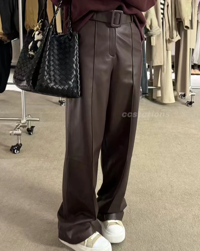 大彤彤同款2024秋真皮皮裤女高腰宽松绵羊皮九分阔腿裤休闲长裤潮