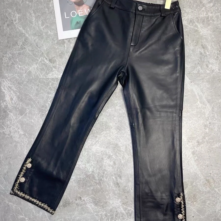 松紧腰真皮皮裤女新款纽扣开叉微喇裤子全皮港风紧身绵羊皮九分裤