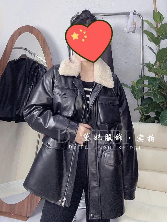 网红同款真皮加棉皮衣女绵羊皮休闲羊毛毛领宽松棒球服大码外套冬