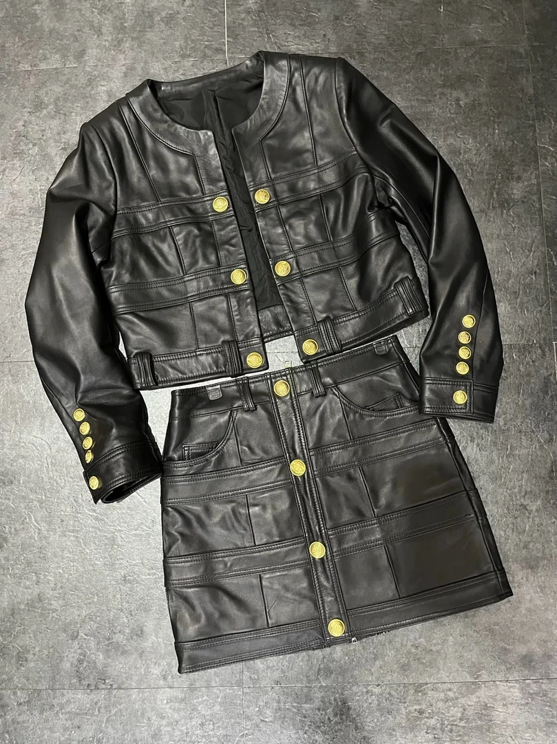 欧货爆款真皮绵羊皮套装女高级感炸街小众个性圆领夹克修身一步裙